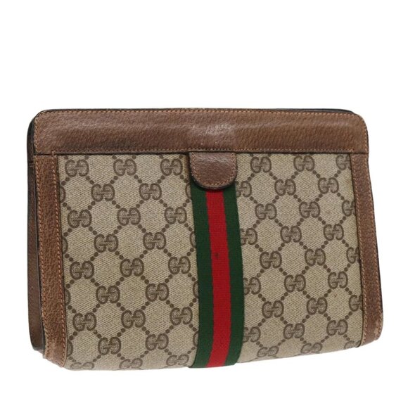 GUCCI GG Canvas Web Sherry Line Clutch Bag PVC Leather Beige Green - Picture 1 of 16
